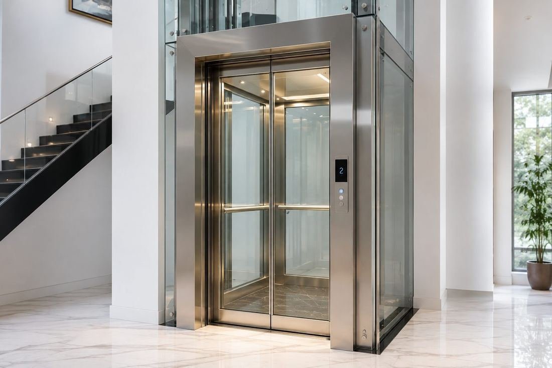 Home glass elevator in a bright lobby